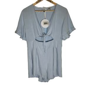 Princess Polly Patricia  Cotton/Linen Blue  Tie Front Romper Large 12 NWT